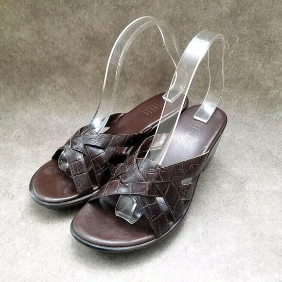 Nickles Womens Sz 8.5 M Brown Leather Slide 3" Wedge Sandals - Picture 3 of 9